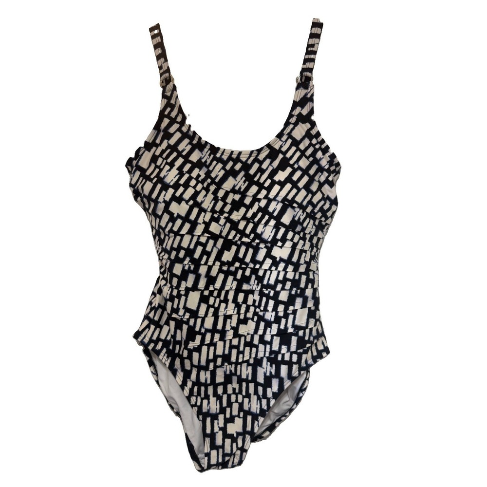 Calvin Klein 16 One Piece Swimsuit Black White Ruched Tummy Control Bathing Suit